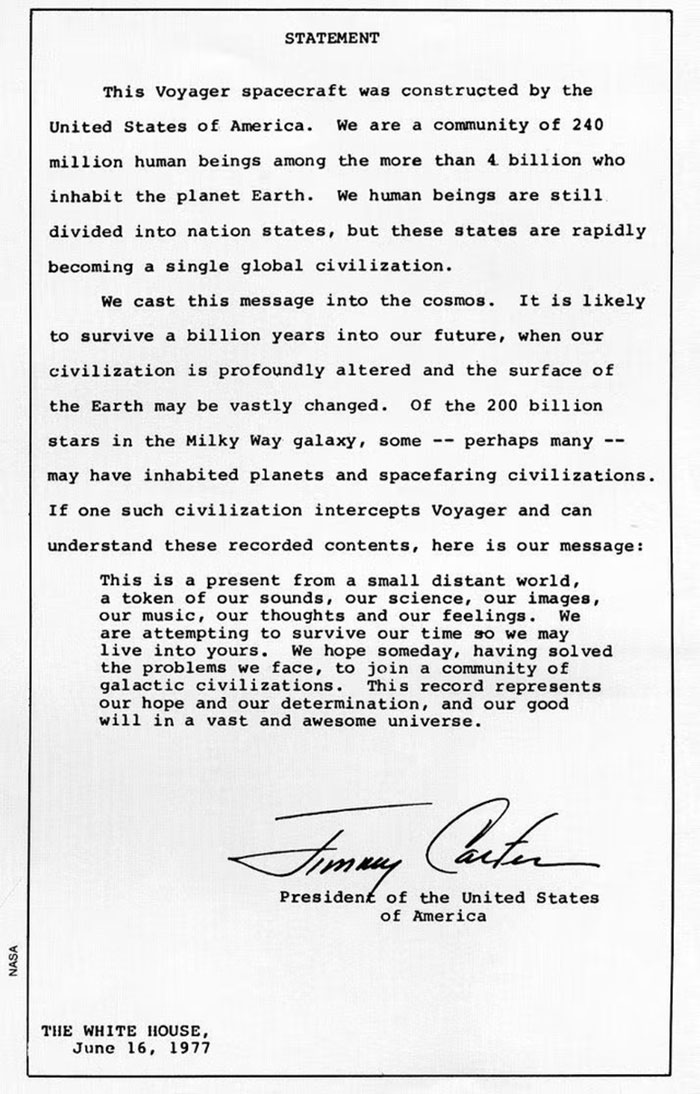 Jimmy Carters letter on Voyager Spacecraft